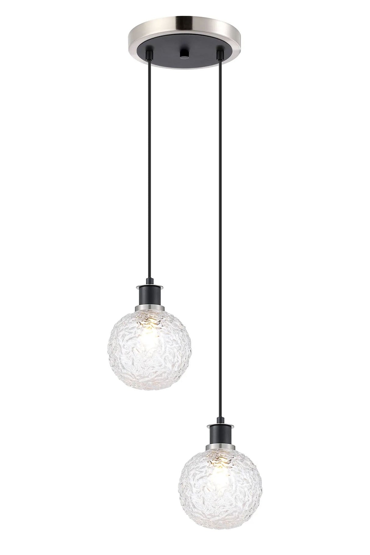 Stevens 2 Light Pendant, E14 With 15cm Round Textured Crumple Glass Shades, Satin Nickel, Clear & Satin Black