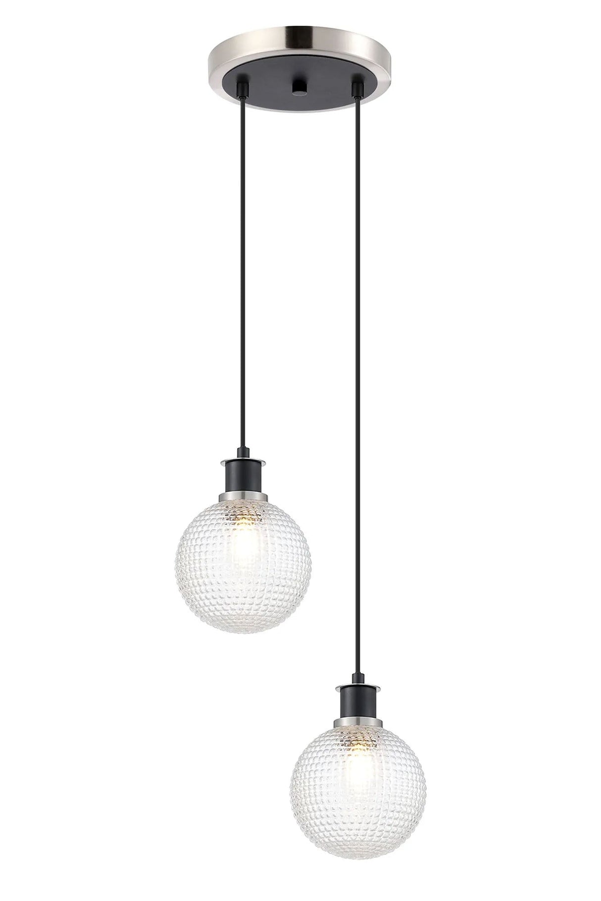 Stevens 2 Light Pendant, E14 With 15cm Round Textured Diamond Pattern Glass Shades, Satin Nickel, Clear & Satin Black