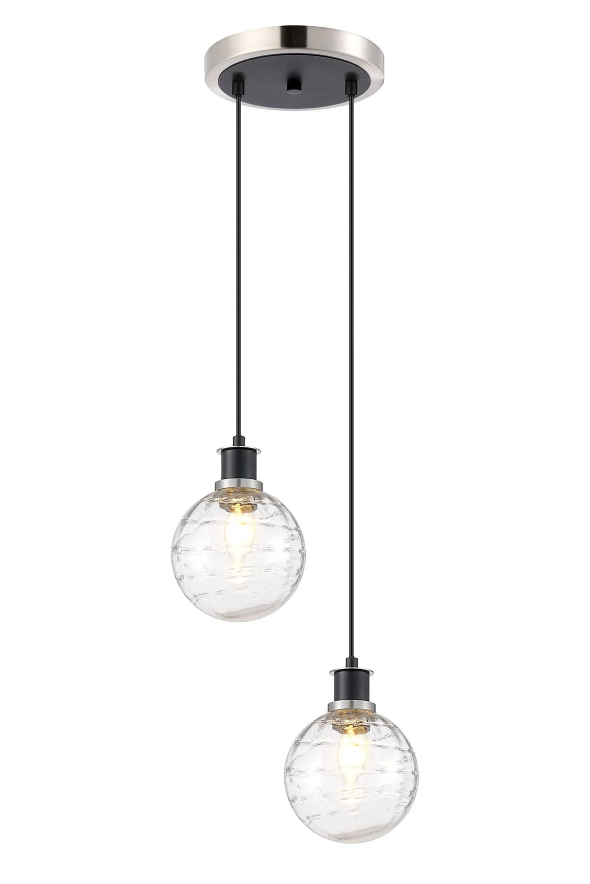 Stevens 2 Light Pendant, E14 With 15cm Round Textured Melting Glass Shades, Satin Nickel, Clear & Satin Black
