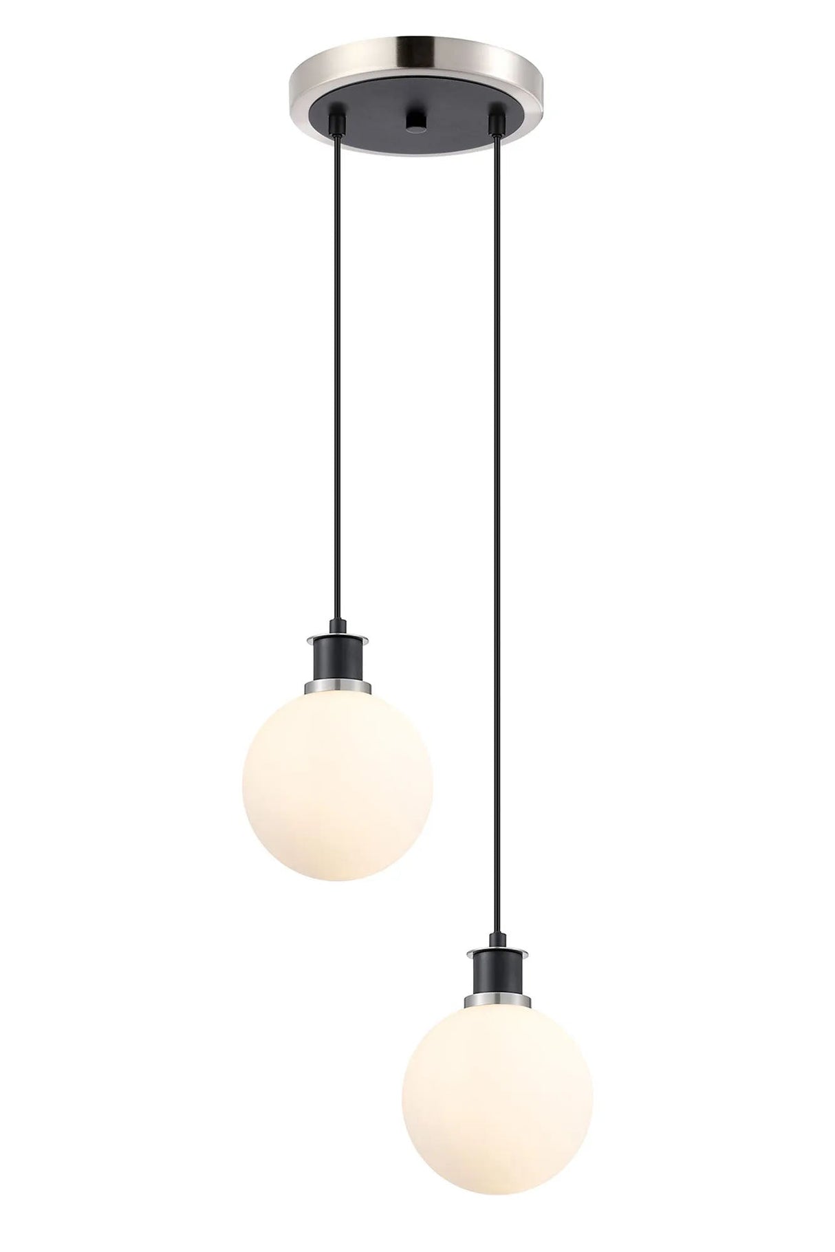 Stevens 2 Light Pendant, E14 With 15cm Round Glass Shades, Satin Nickel, Opal & Satin Black