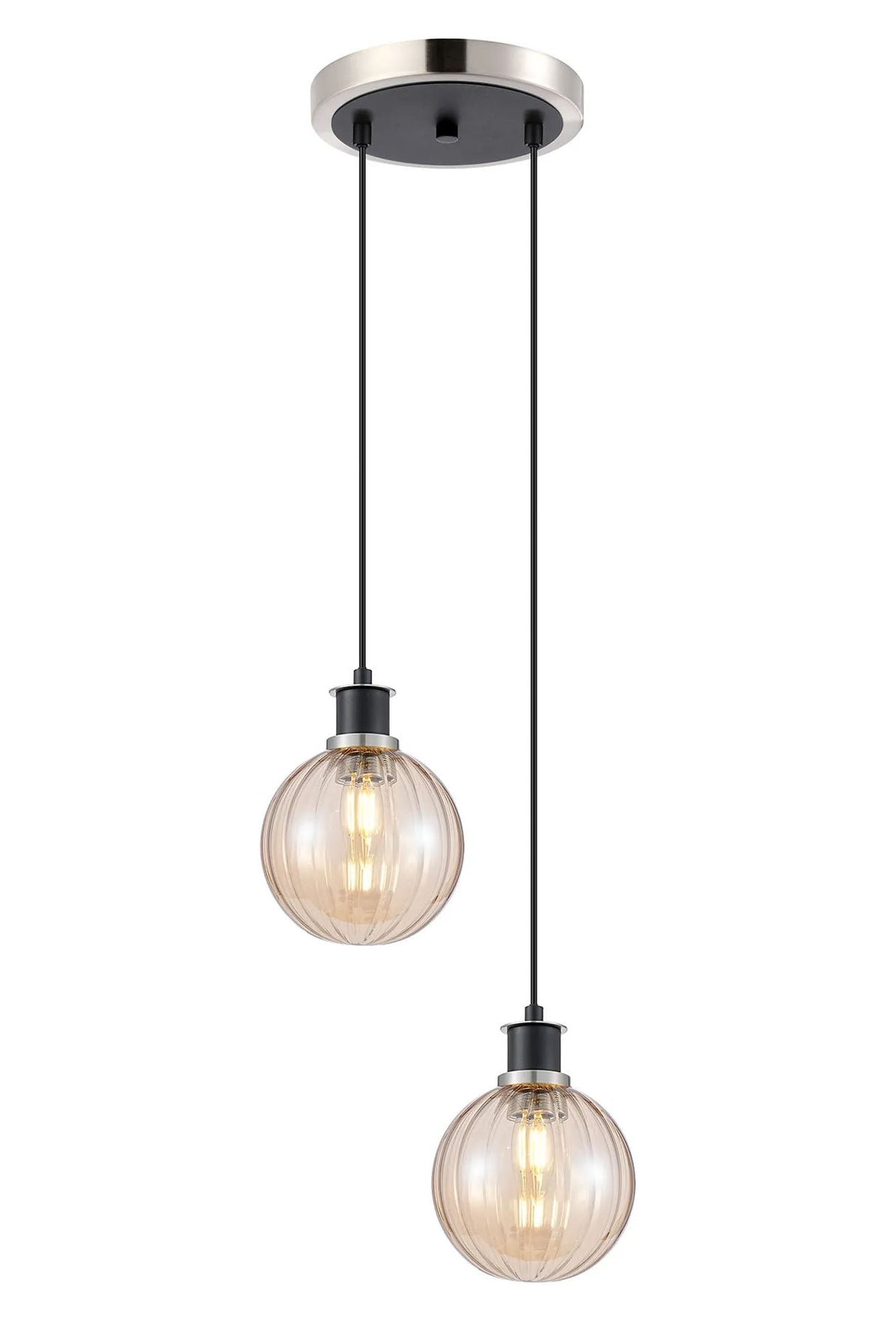 Stevens 2 Light Pendant, E14 With 15cm Round Segment Glass Shades, Satin Nickel, Amber Plated & Satin Black