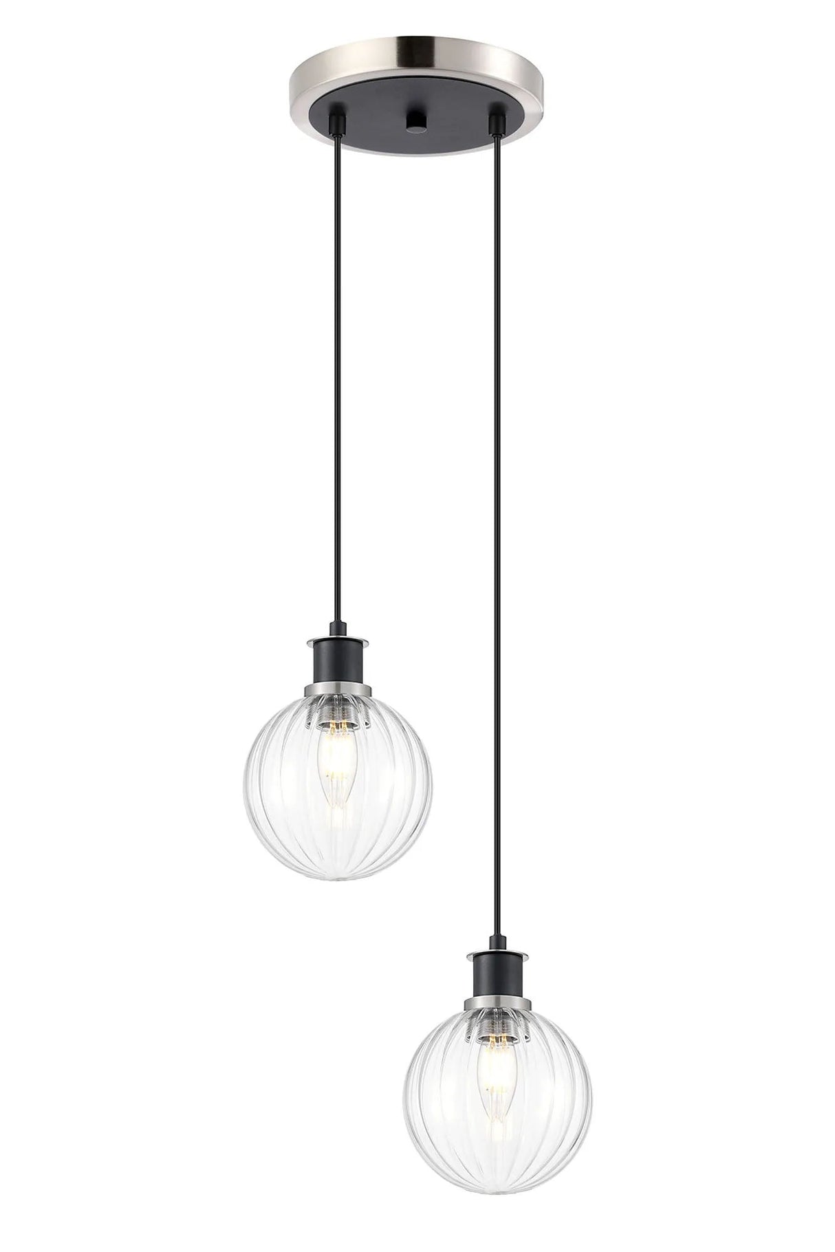 Stevens 2 Light Pendant, E14 With 15cm Round Segment Glass Shades, Satin Nickel, Clear & Satin Black