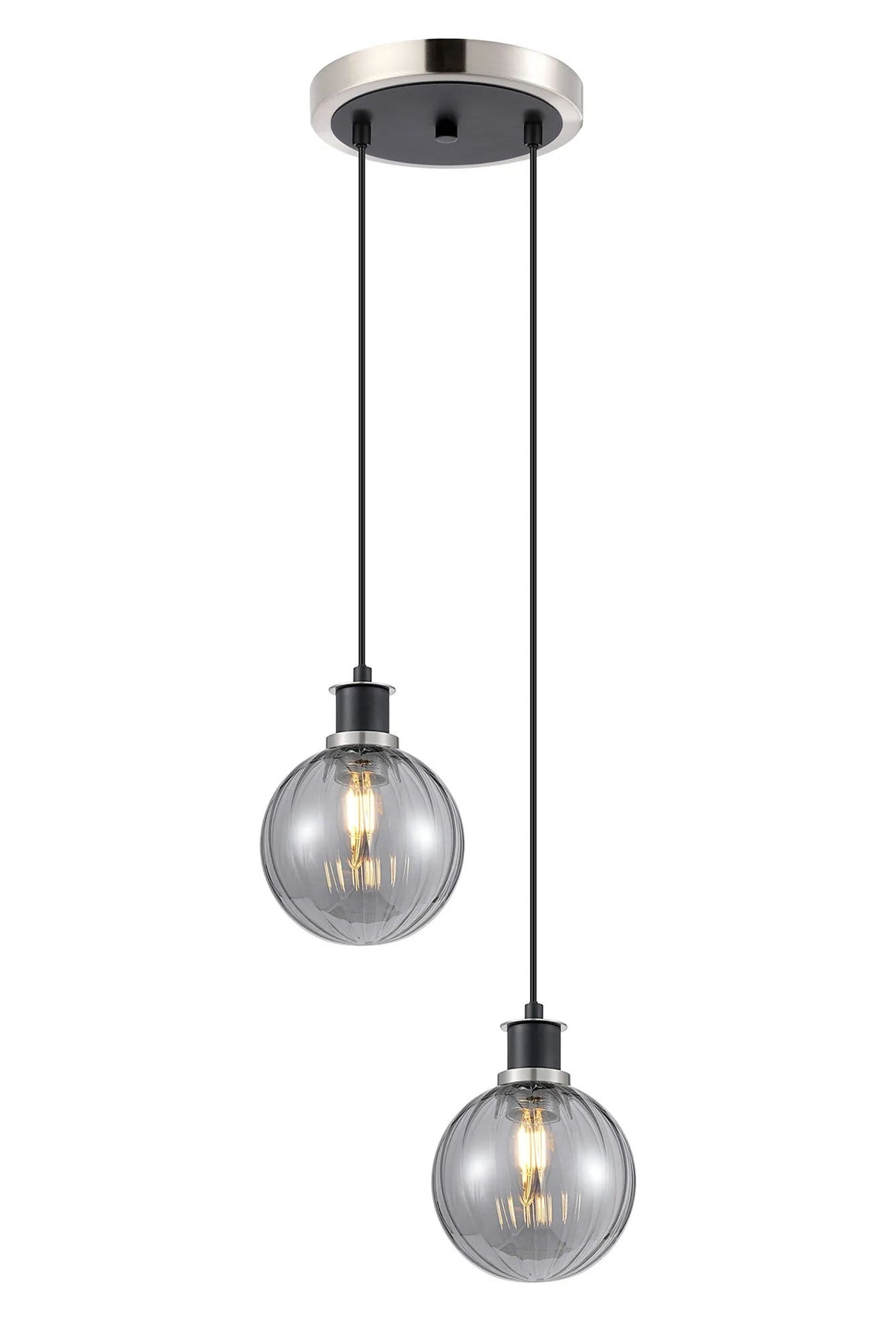 Stevens 2 Light Pendant, E14 With 15cm Round Segment Glass Shades, Satin Nickel, Smoke Plated & Satin Black