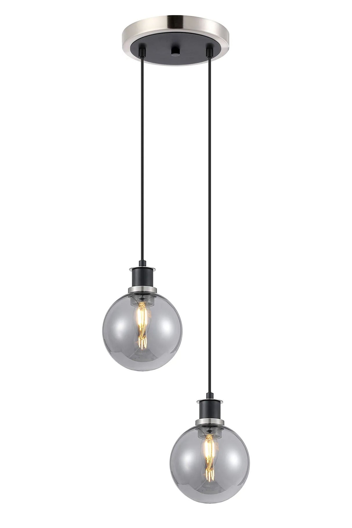 Stevens 2 Light Pendant, E14 With 15cm Round Glass Shades, Satin Nickel, Smoke Plated & Satin Black