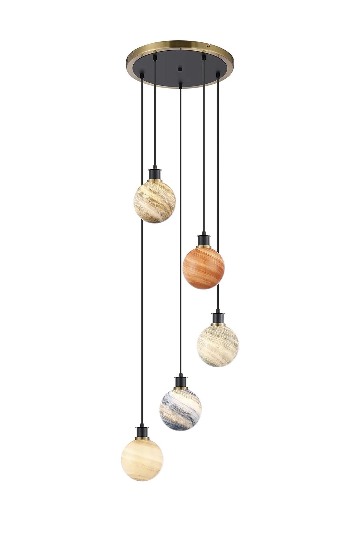 Stevens 48cm Round Pendant, 5 Light E14 With 15cm Mixed Colour Round Marble Effect Glass Shade, Brass & Satin Black Framework