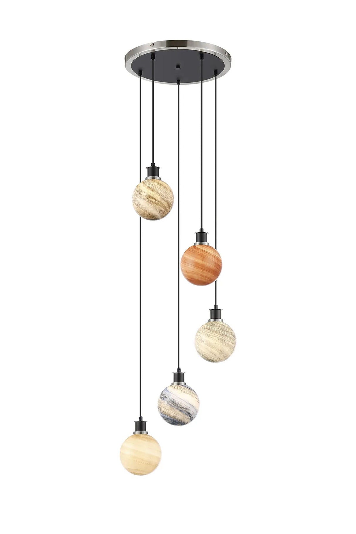 Stevens 48cm Round Pendant, 5 Light E14 With 15cm Mixed Colour Round Marble Effect Glass Shade, Satin Nickel & Satin Black Framework