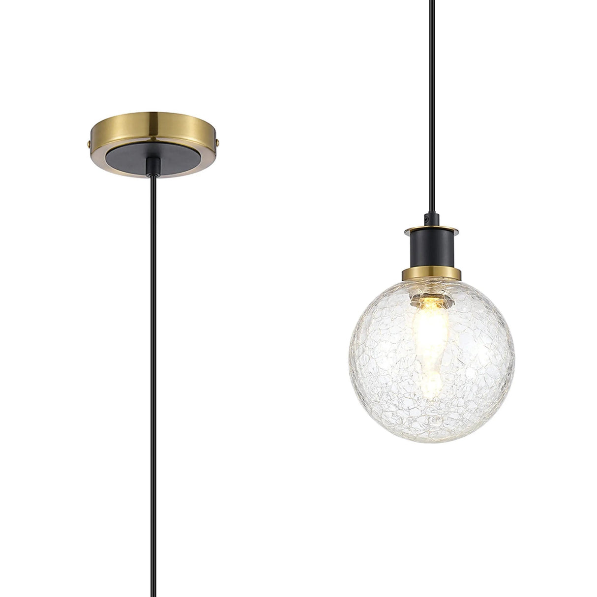 Stevens 1.3m Pendant, 1 x E14 With 15cm Round Crackled Glass Shade, Brass, Clear & Satin Black
