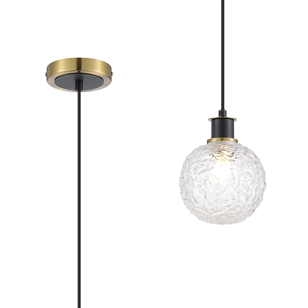 Stevens 1.3m Pendant, 1 x E14 With 15cm Round Textured Crumple Glass Shade, Brass, Clear & Satin Black