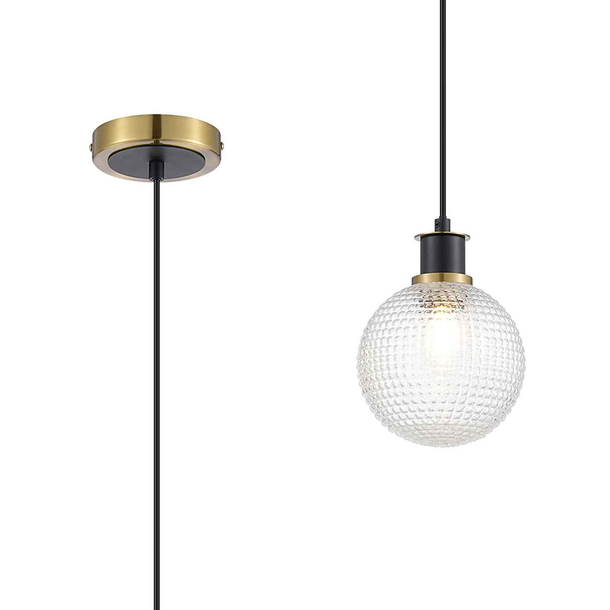 Stevens 1.3m Pendant, 1 x E14 With 15cm Round Textured Diamond Pattern Glass Shade, Brass, Clear & Satin Black
