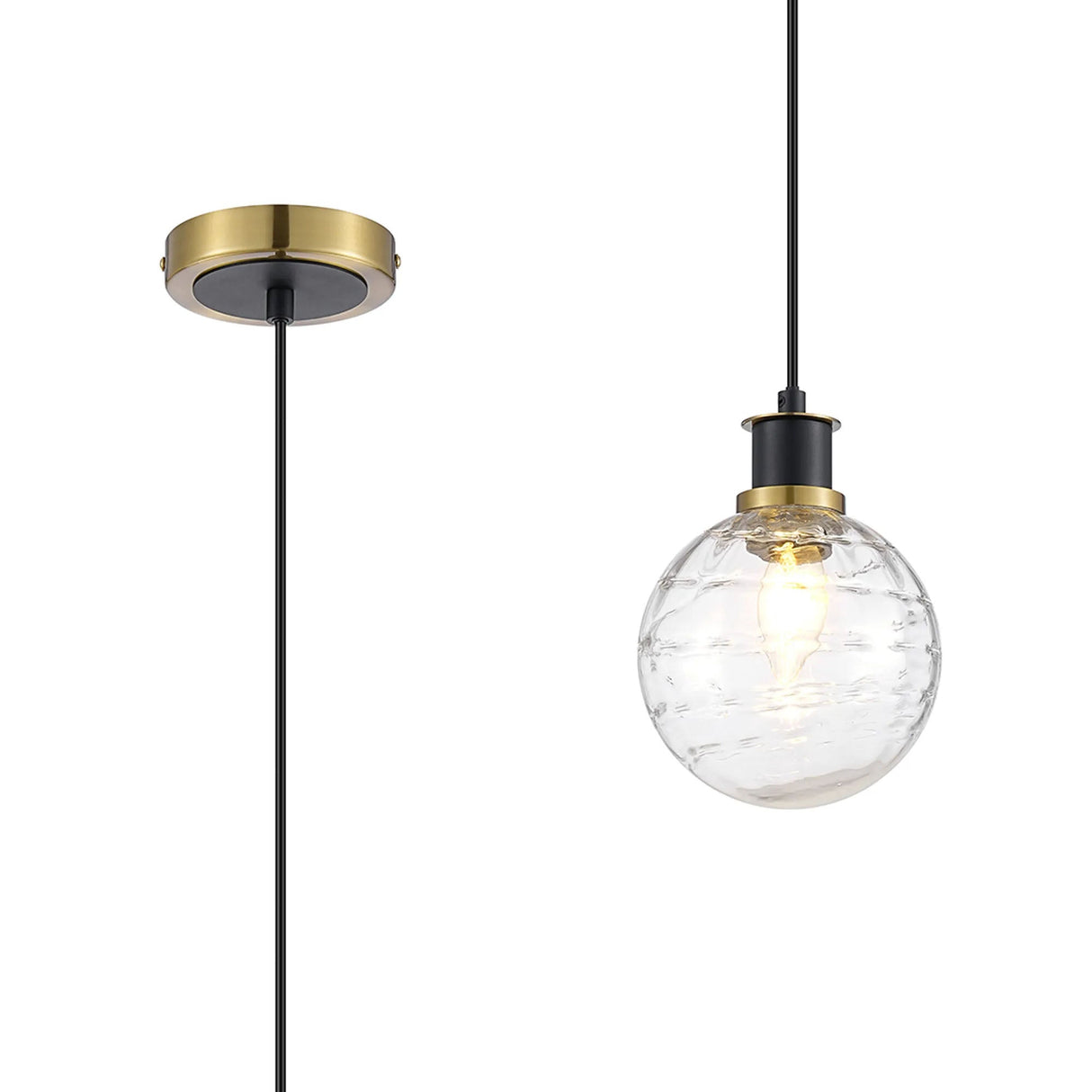 Stevens 1.3m Pendant, 1 x E14 With 15cm Round Textured Melting Glass Shade, Brass, Clear & Satin Black