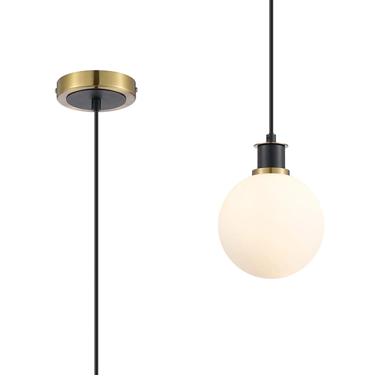 Stevens 1.3m Pendant, 1 x E14 With 15cm Round Glass Shade, Brass, Opal & Satin Black