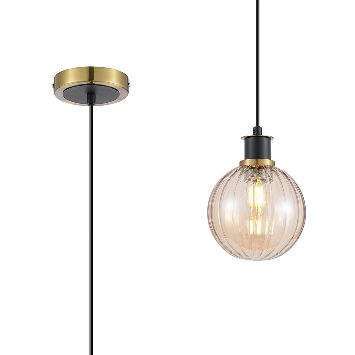 Stevens 1.3m Pendant, 1 x E14 With 15cm Round Segment Glass Shade, Brass, Amber Plated & Satin Black