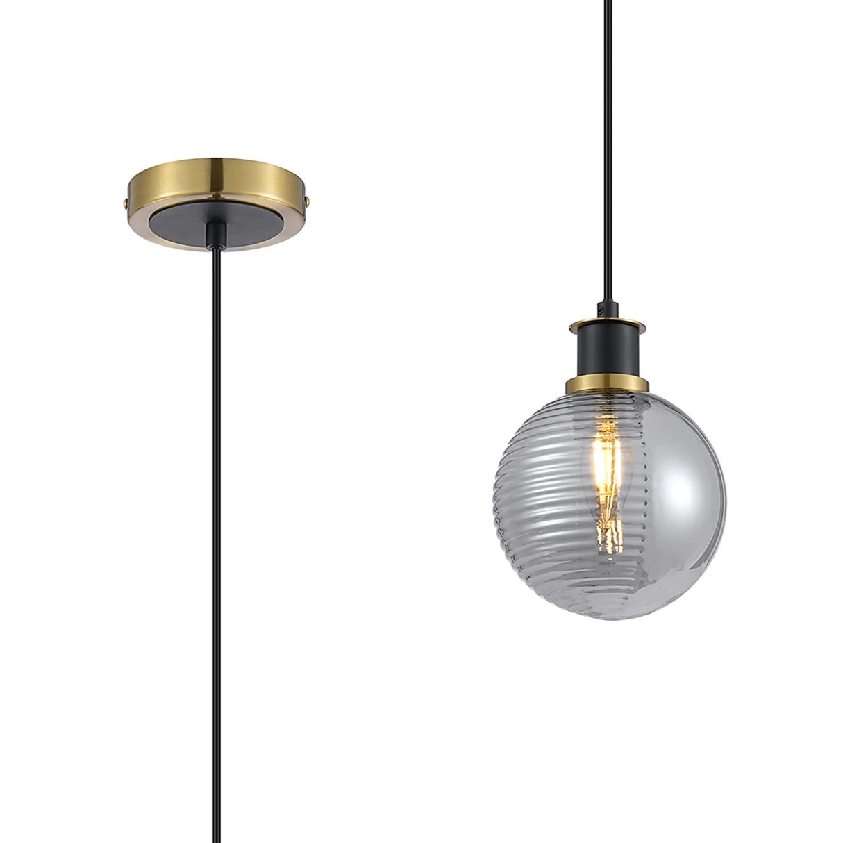 Stevens 1.3m Pendant, 1 x E14 With 15cm Round Double Textured Smooth/Ribbed Glass Shade, Brass, Smoke Plated & Satin Black