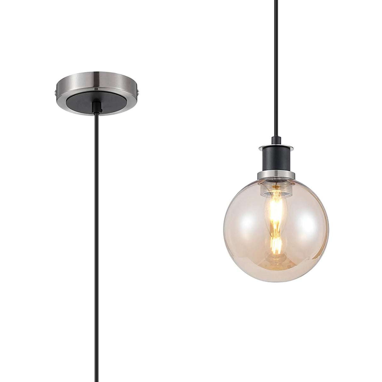 Stevens 1.3m Pendant, 1 x E14 With 15cm Round Glass Shade, Satin Nickel, Amber Plated & Satin Black
