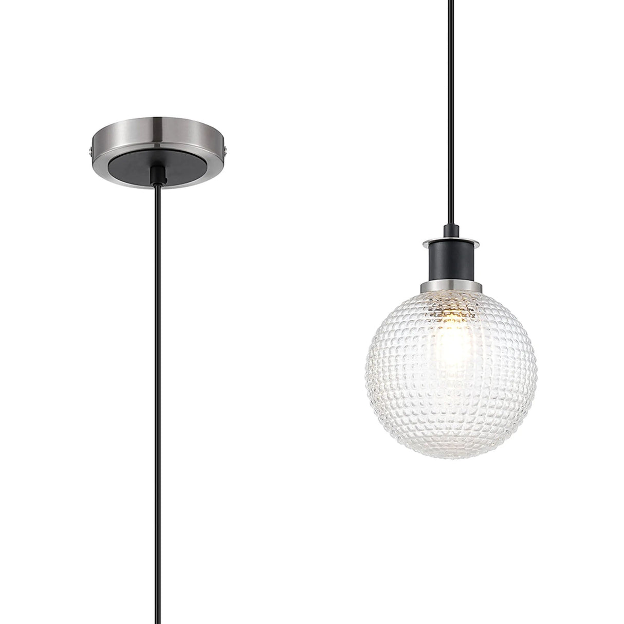 Stevens 1.3m Pendant, 1 x E14 With 15cm Round Textured Diamond Pattern Glass Shade, Satin Nickel, Clear & Satin Black