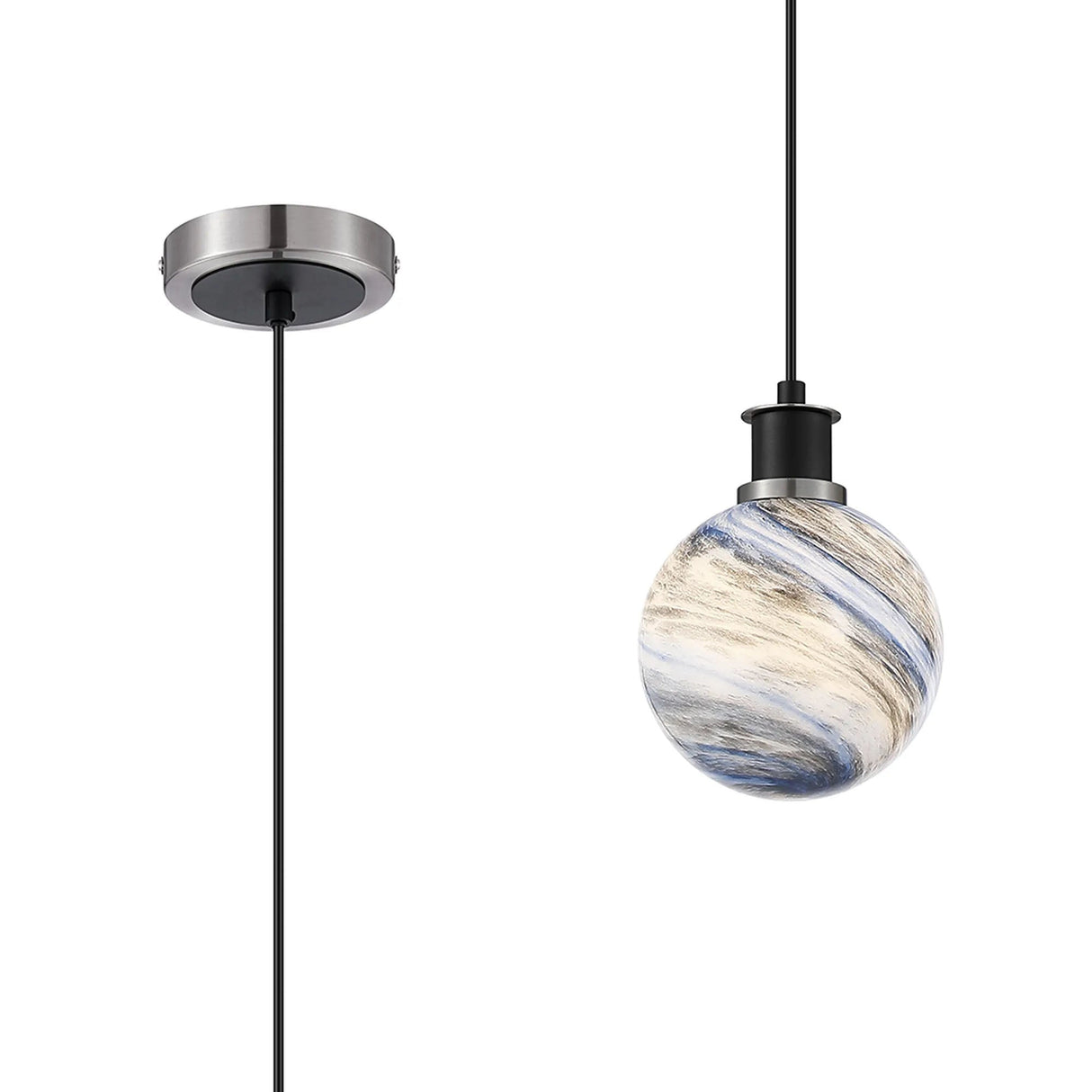 Stevens 1.3m Pendant, 1 Light E14 With 15cm Round Dark Blue Marble Effect Glass Shade, Satin Nickel & Satin Black Framework