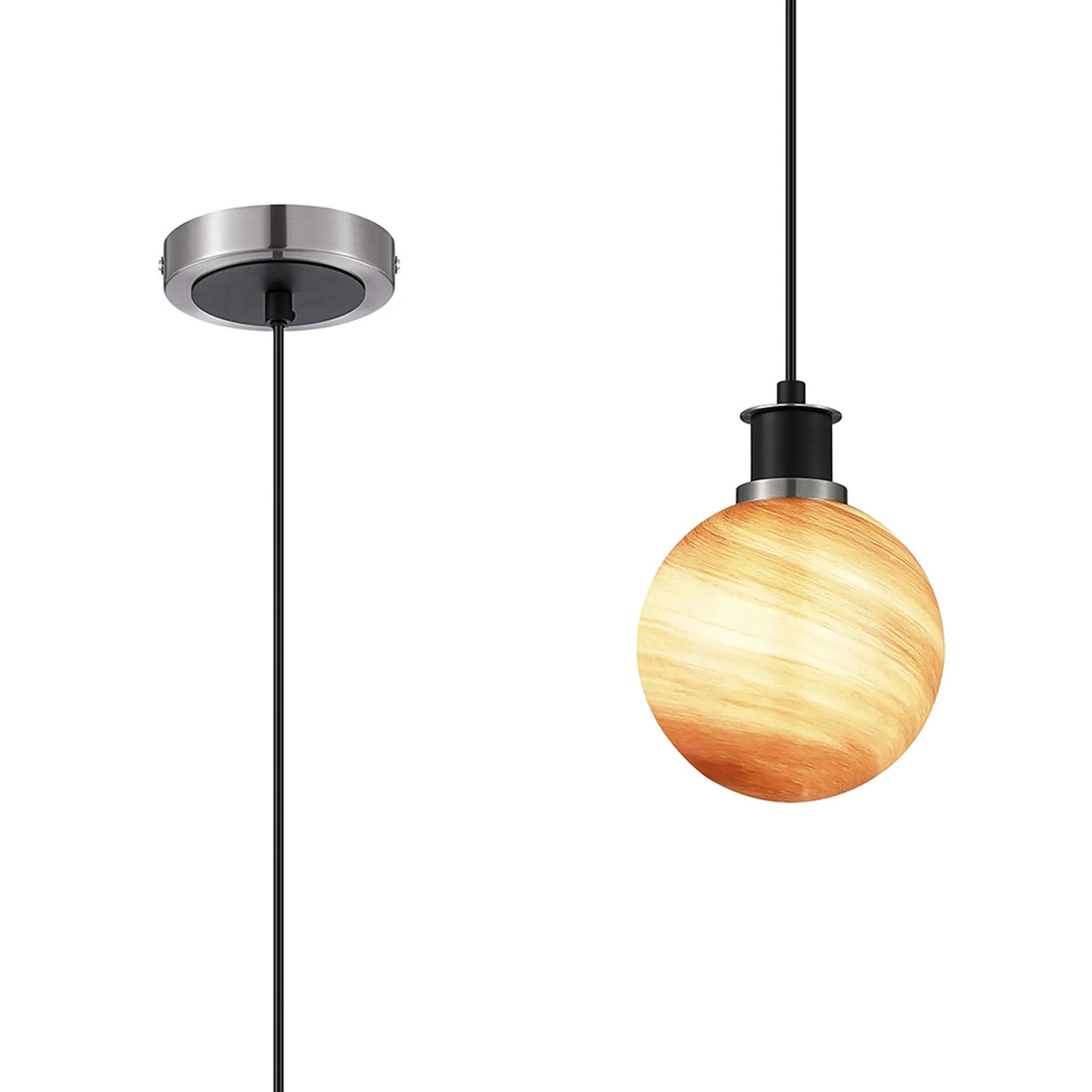 Stevens 1.3m Pendant, 1 Light E14 With 15cm Round Dark Pink Marble Effect Glass Shade, Satin Nickel & Satin Black Framework