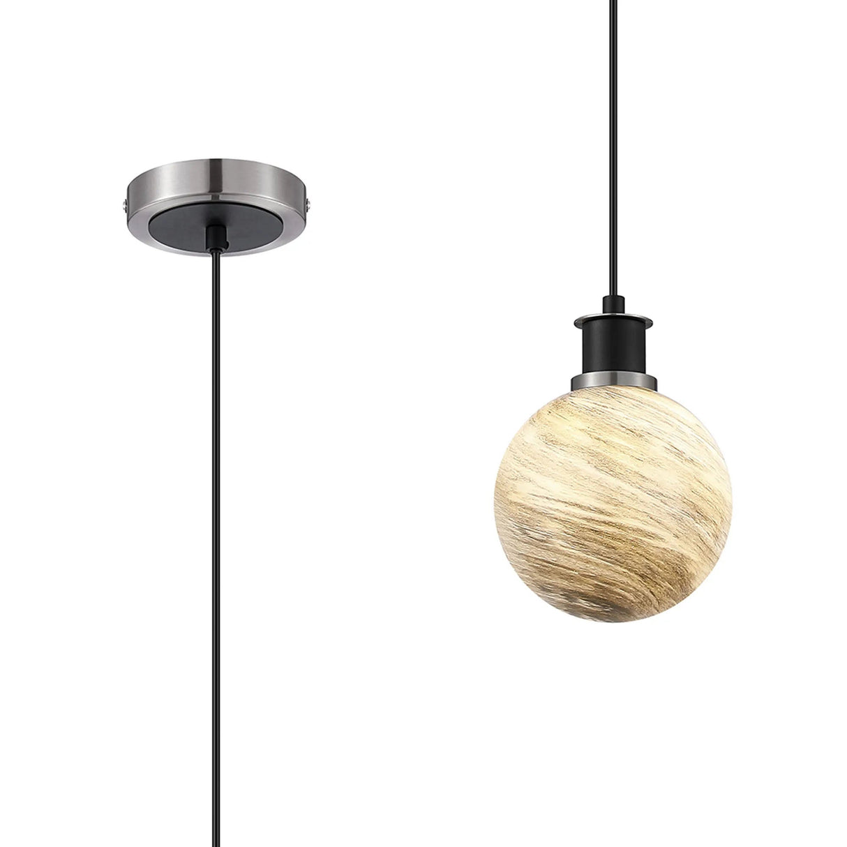 Stevens 1.3m Pendant, 1 Light E14 With 15cm Round Light Grey Marble Effect Glass Shade, Satin Nickel & Satin Black Framework