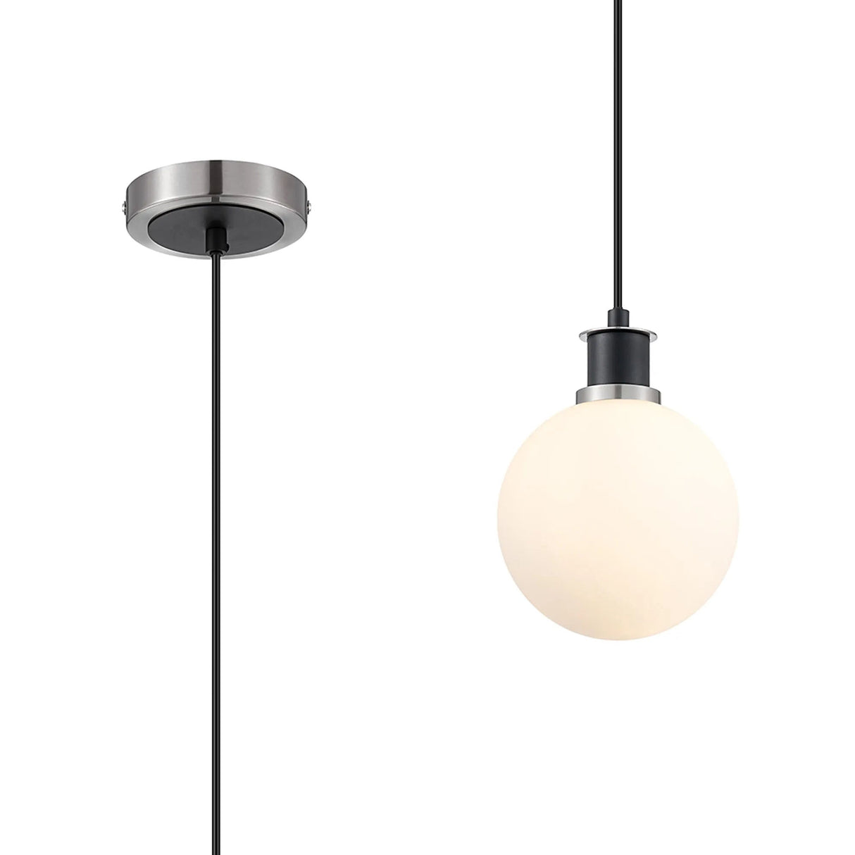 Stevens 1.3m Pendant, 1 x E14 With 15cm Round Glass Shade, Satin Nickel, Opal & Satin Black