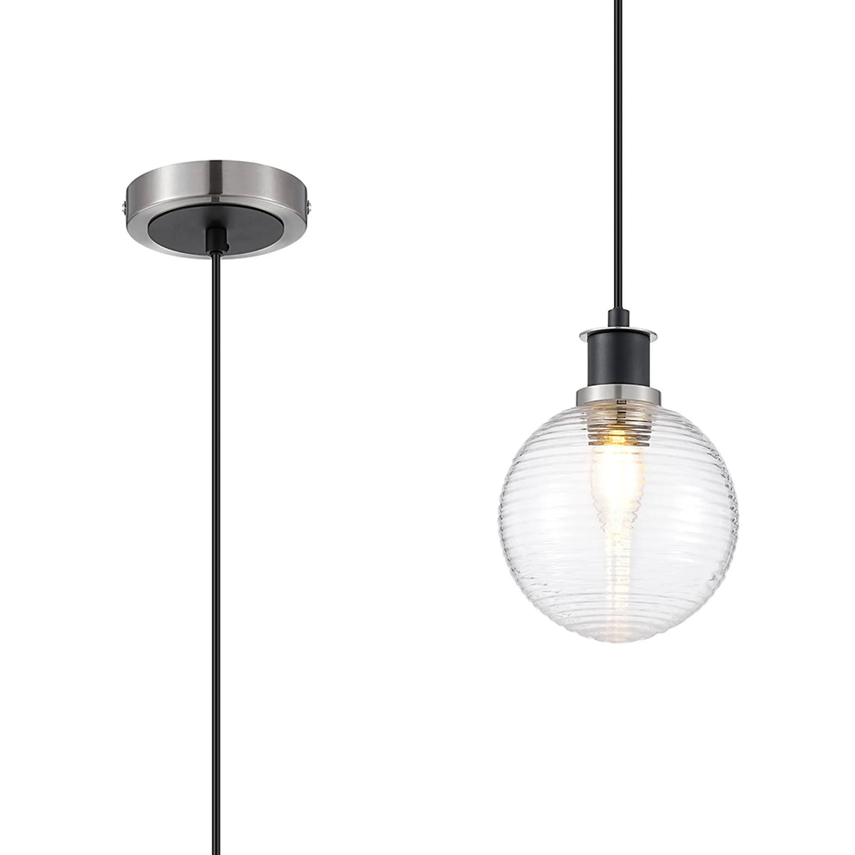 Stevens 1.3m Pendant, 1 x E14 With 15cm Round Ribbed Glass Shade, Satin Nickel, Clear & Satin Black