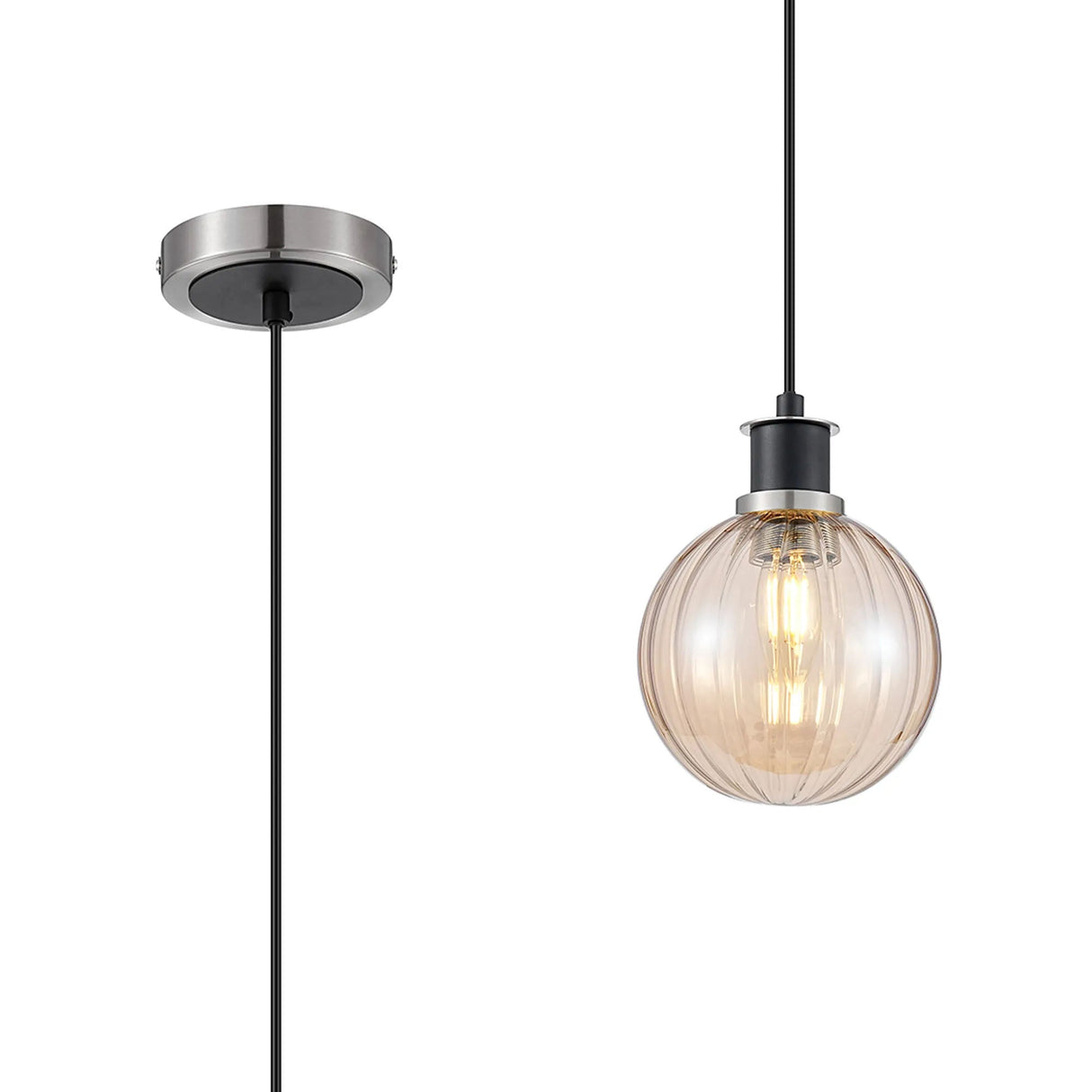 Stevens 1.3m Pendant, 1 x E14 With 15cm Round Segment Glass Shade, Satin Nickel, Amber Plated & Satin Black