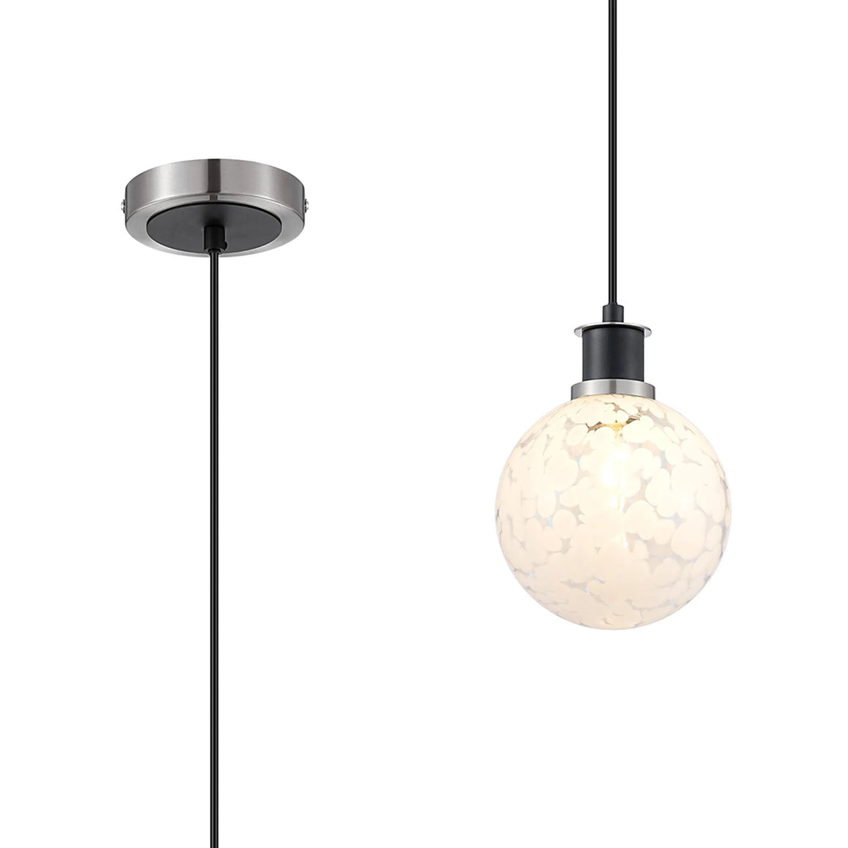 Stevens 1.3m Pendant, 1 x E14 With 15cm Round Speckled Glass Shade, Satin Nickel, White & Satin Black
