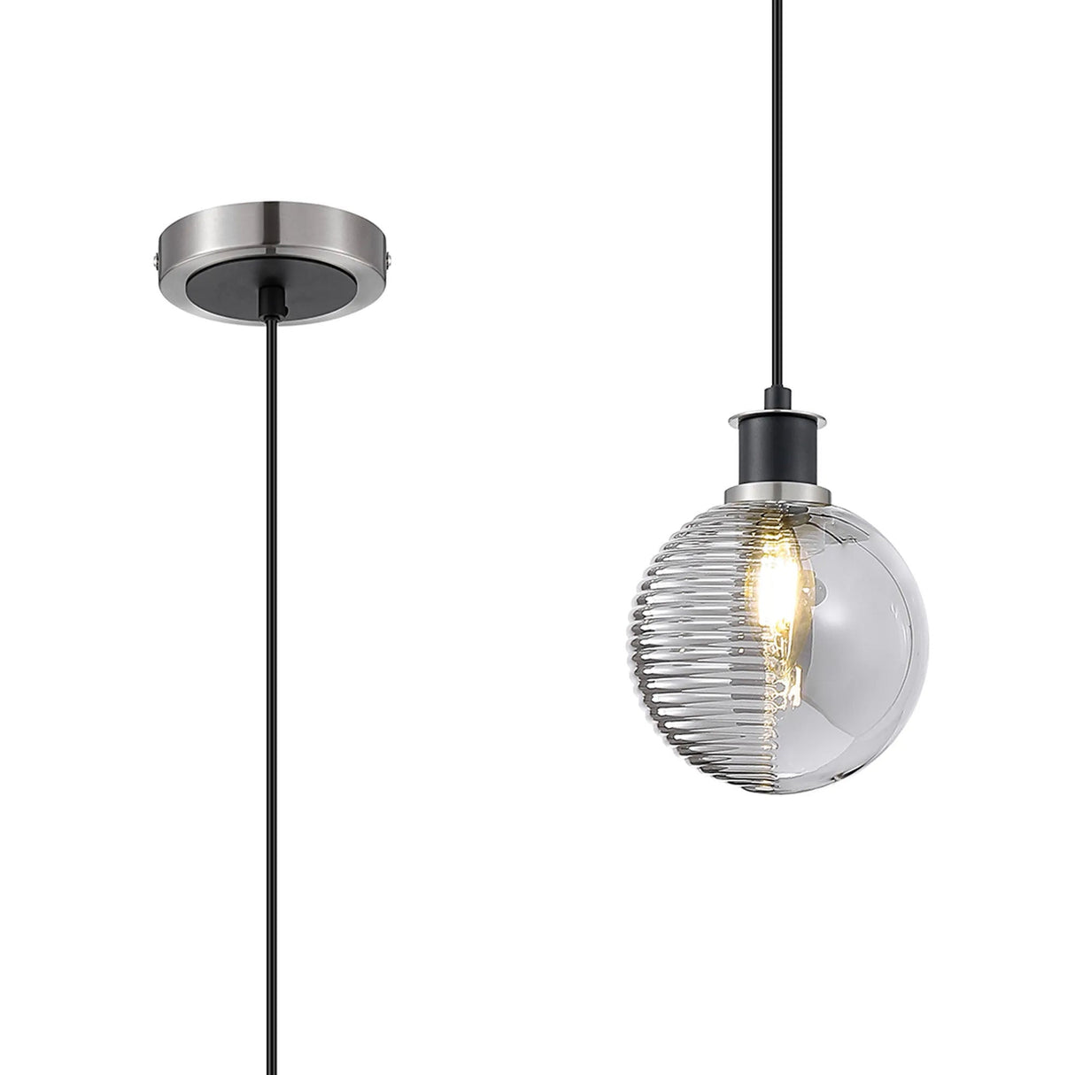 Stevens 1.3m Pendant, 1 x E14 With 15cm Round Double Textured Smooth/Ribbed Glass Shade, Satin Nickel, Smoke Plated & Satin Black