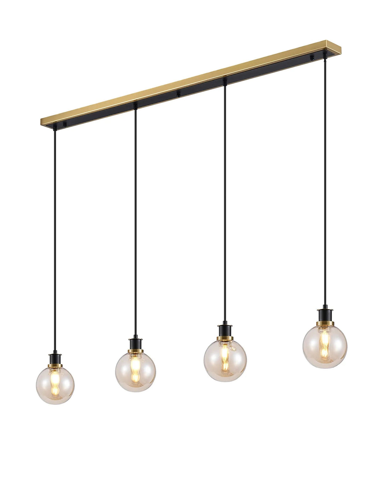 Stevens 1.3m Linear Pendant, 4 x E14 With 15cm Round Glass Shade, Brass, Amber Plated & Satin Black