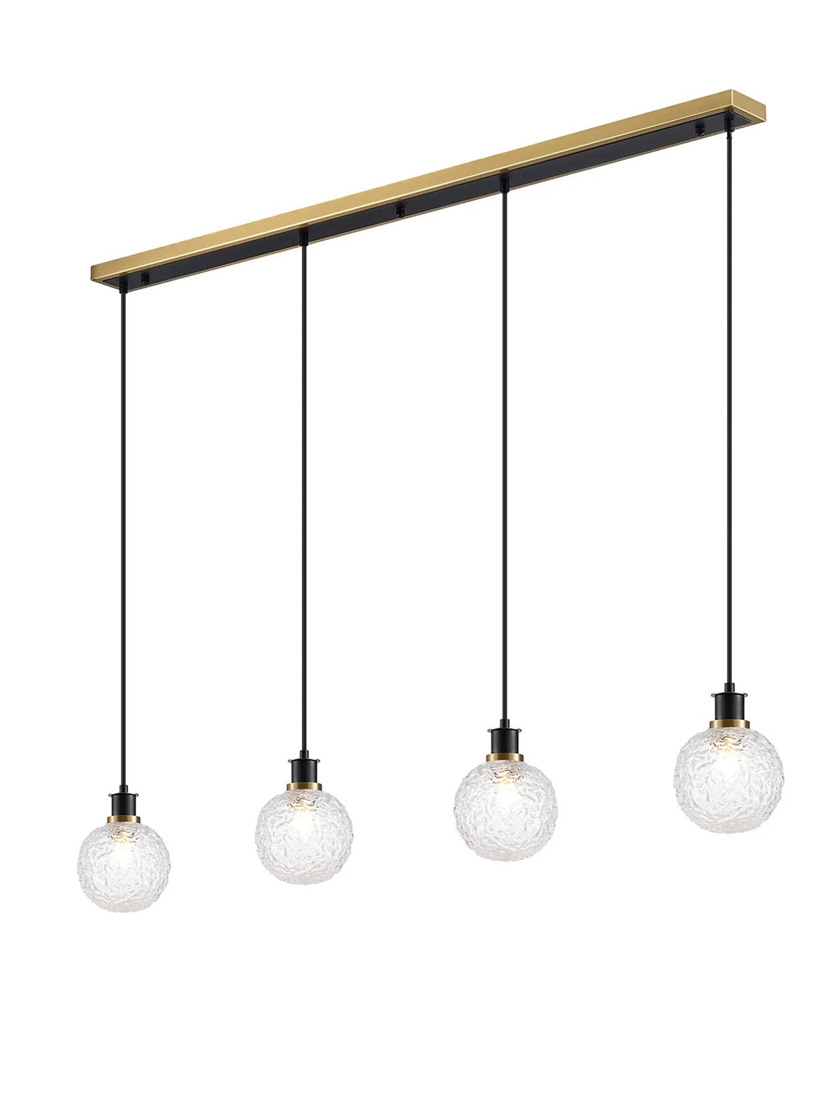 Stevens 1.3m Linear Pendant, 4 x E14 With 15cm Round Textured Crumple Glass Shade, Brass, Clear & Satin Black