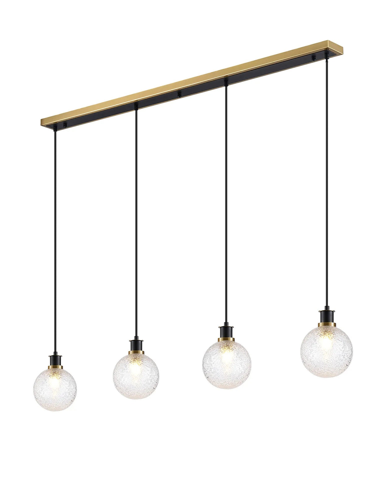 Stevens 1.3m Linear Pendant, 4 x E14 With 15cm Round Dimpled Glass Shade, Brass, Clear & Satin Black