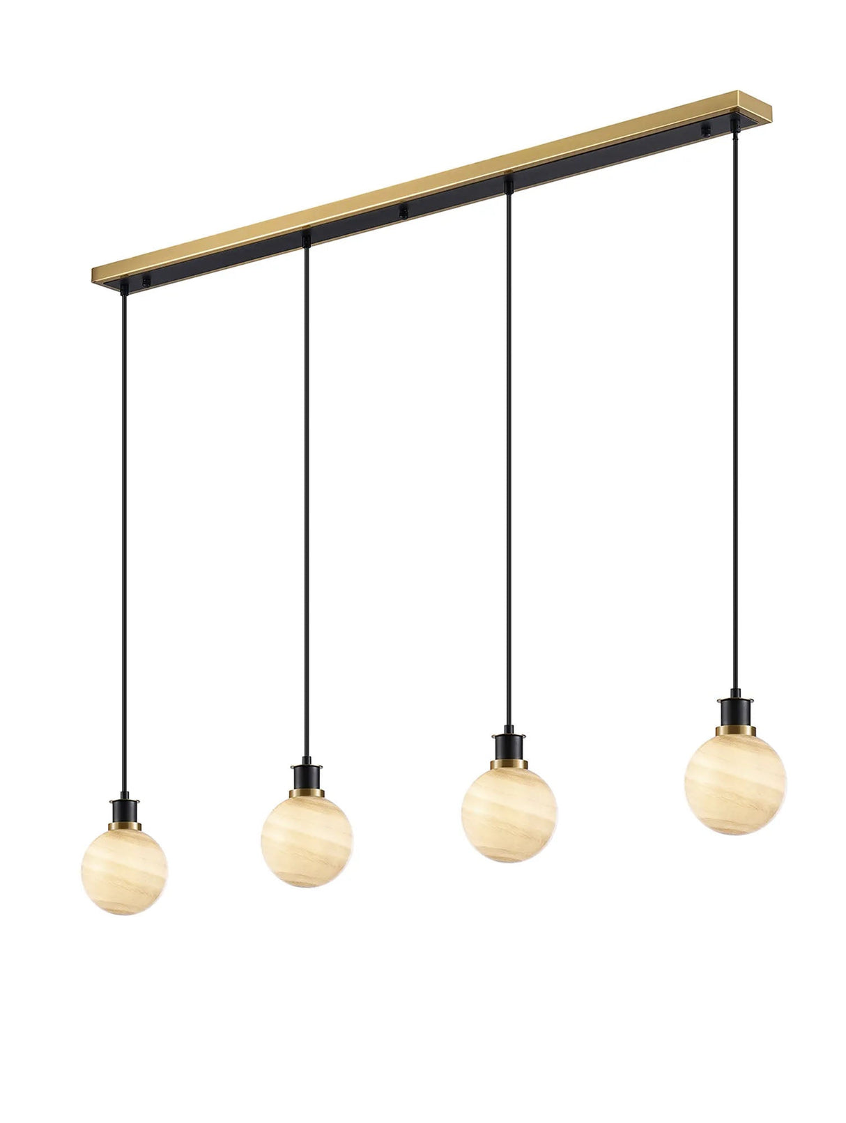 Stevens 1.3m Linear Pendant, 4 Light E14 With 15cm Round Dark Beige Marble Effect Glass Shade, Brass & Satin Black Framework