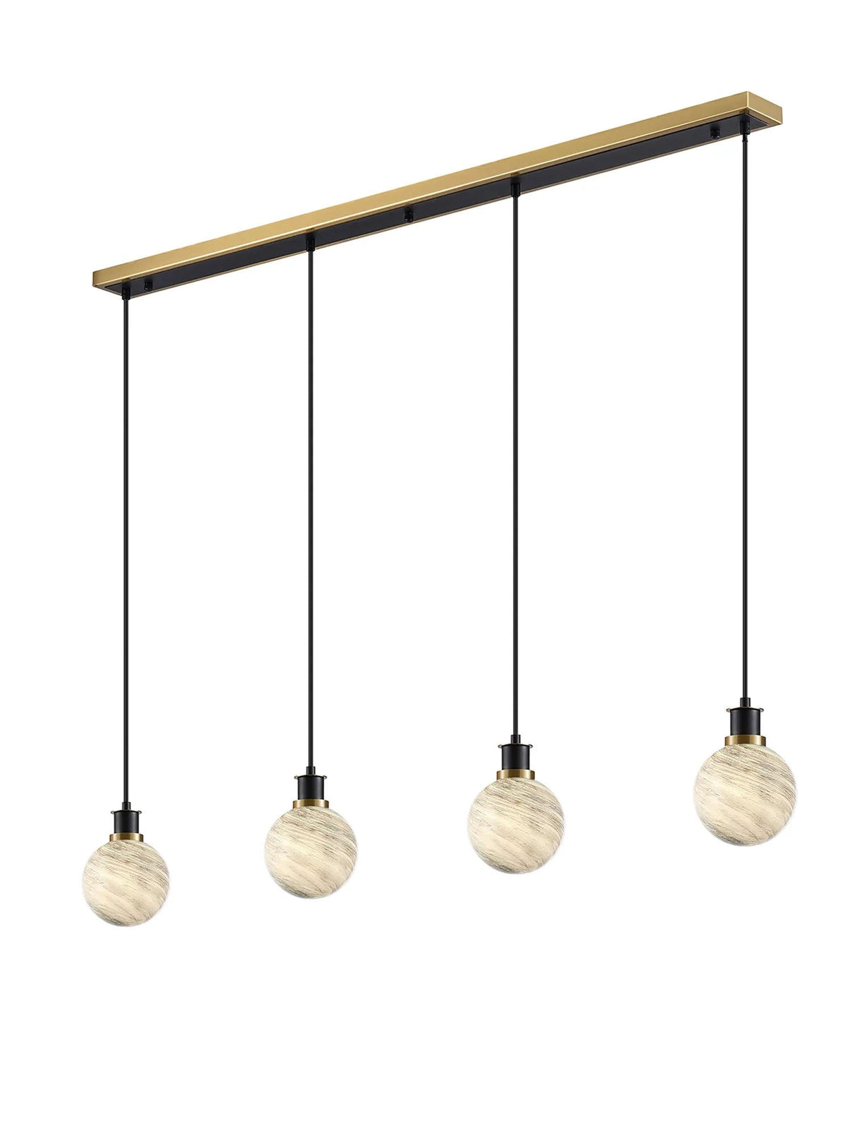 Stevens 1.3m Linear Pendant, 4 Light E14 With 15cm Round Dark Green Marble Effect Glass Shade, Brass & Satin Black Framework