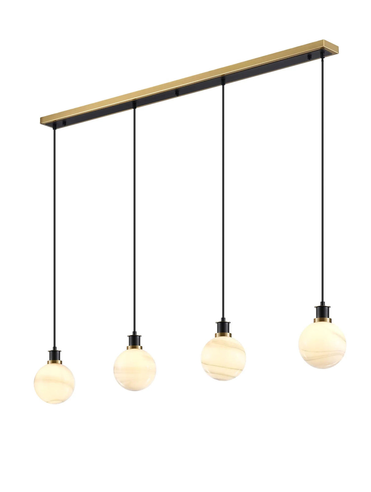 Stevens 1.3m Linear Pendant, 4 x E14 With 15cm Round Marble Effect Glass Shade, Brass, White & Satin Black