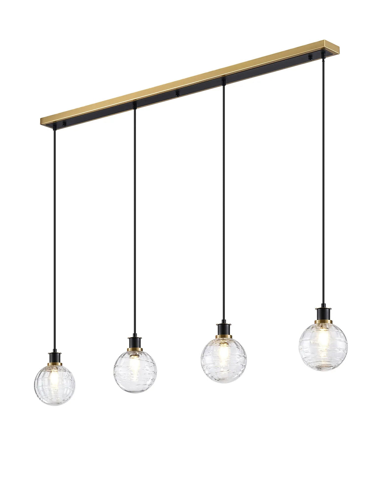 Stevens 1.3m Linear Pendant, 4 x E14 With 15cm Round Textured Melting Glass Shade, Brass, Clear & Satin Black