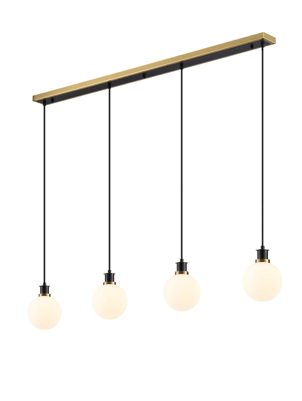 Stevens 1.3m Linear Pendant, 4 x E14 With 15cm Round Glass Shade, Brass, Opal & Satin Black