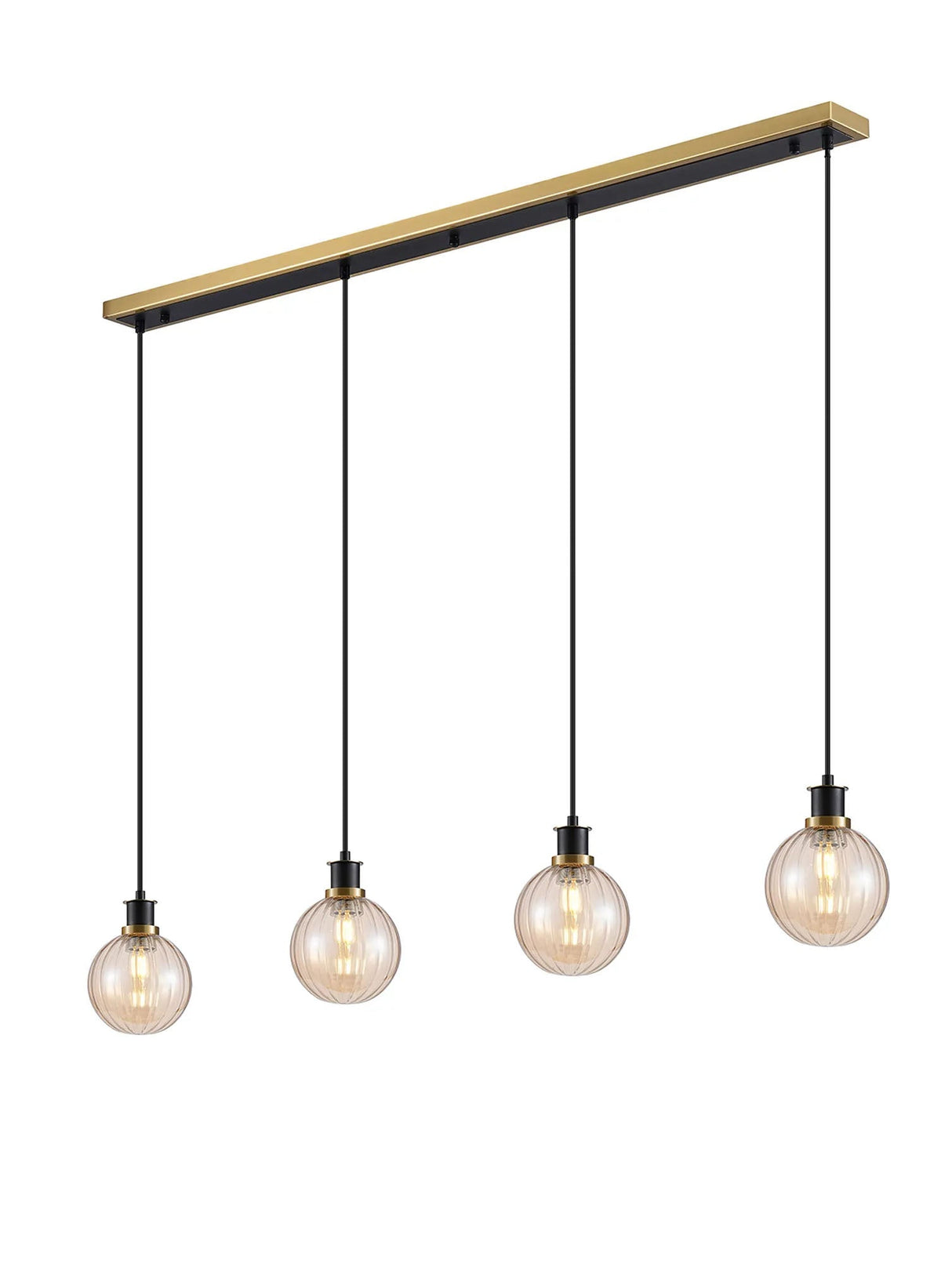 Stevens 1.3m Linear Pendant, 4 x E14 With 15cm Round Segment Glass Shade, Brass, Amber Plated & Satin Black