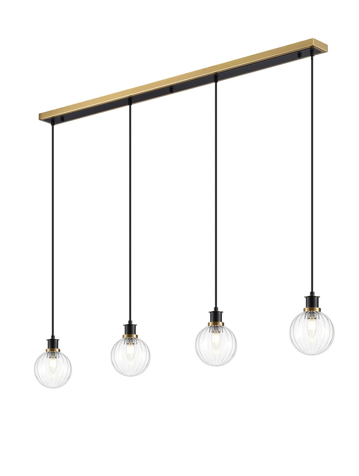 Stevens 1.3m Linear Pendant, 4 x E14 With 15cm Round Segment Glass Shade, Brass, Clear & Satin Black