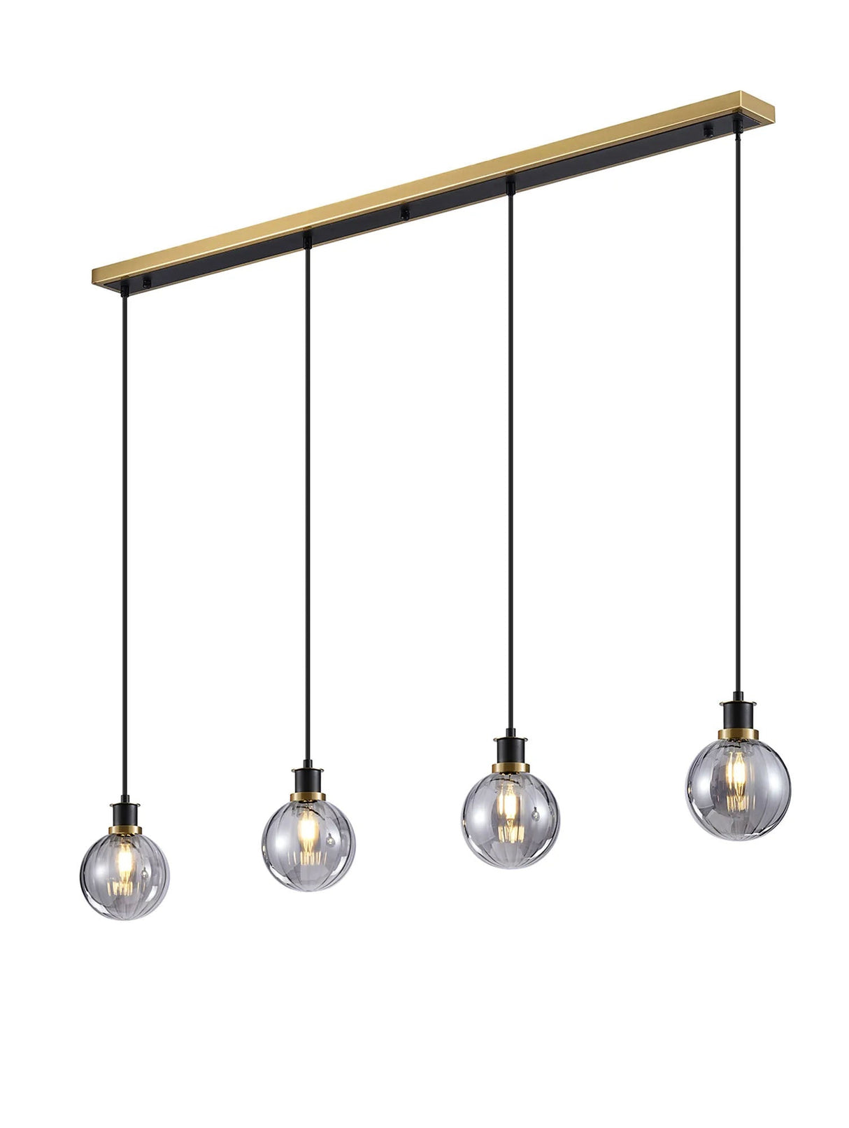 Stevens 1.3m Linear Pendant, 4 x E14 With 15cm Round Segment Glass Shade, Brass, Smoke Plated & Satin Black