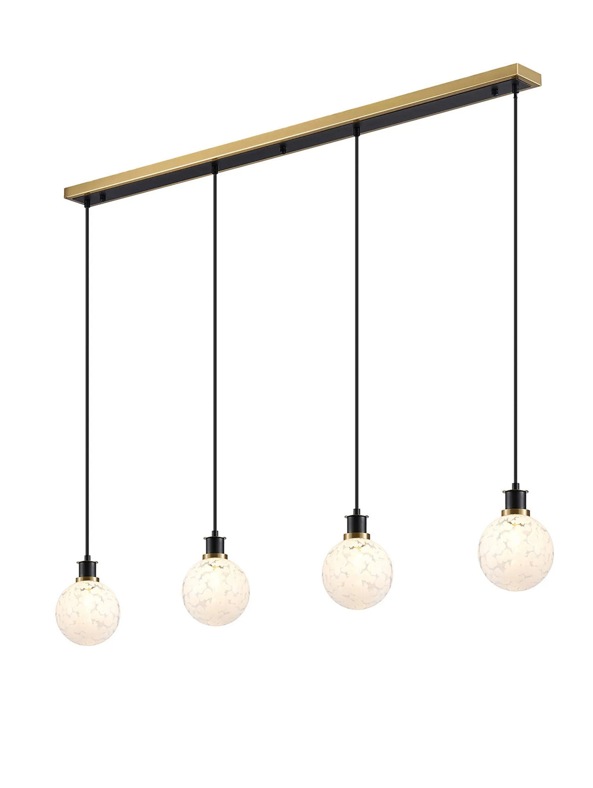 Stevens 1.3m Linear Pendant, 4 x E14 With 15cm Round Speckled Glass Shade, Brass, White & Satin Black
