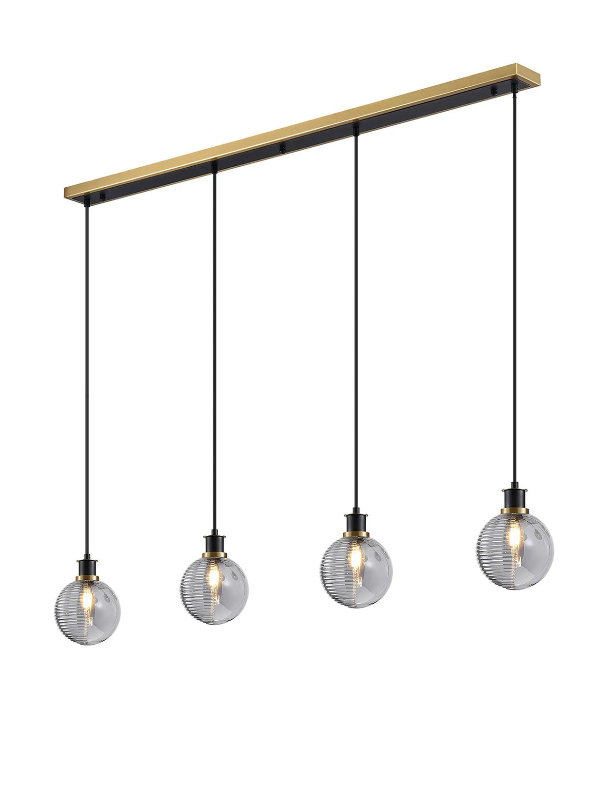 Stevens 1.3m Linear Pendant, 4 x E14 With 15cm Round Double Textured Smooth/Ribbed Glass Shade, Brass, Smoke Plated & Satin Black