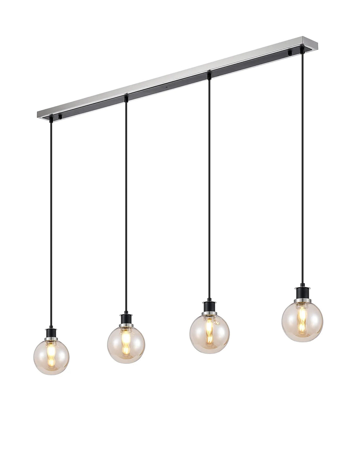 Stevens 1.3m Linear Pendant, 4 x E14 With 15cm Round Glass Shade, Satin Nickel, Amber Plated & Satin Black