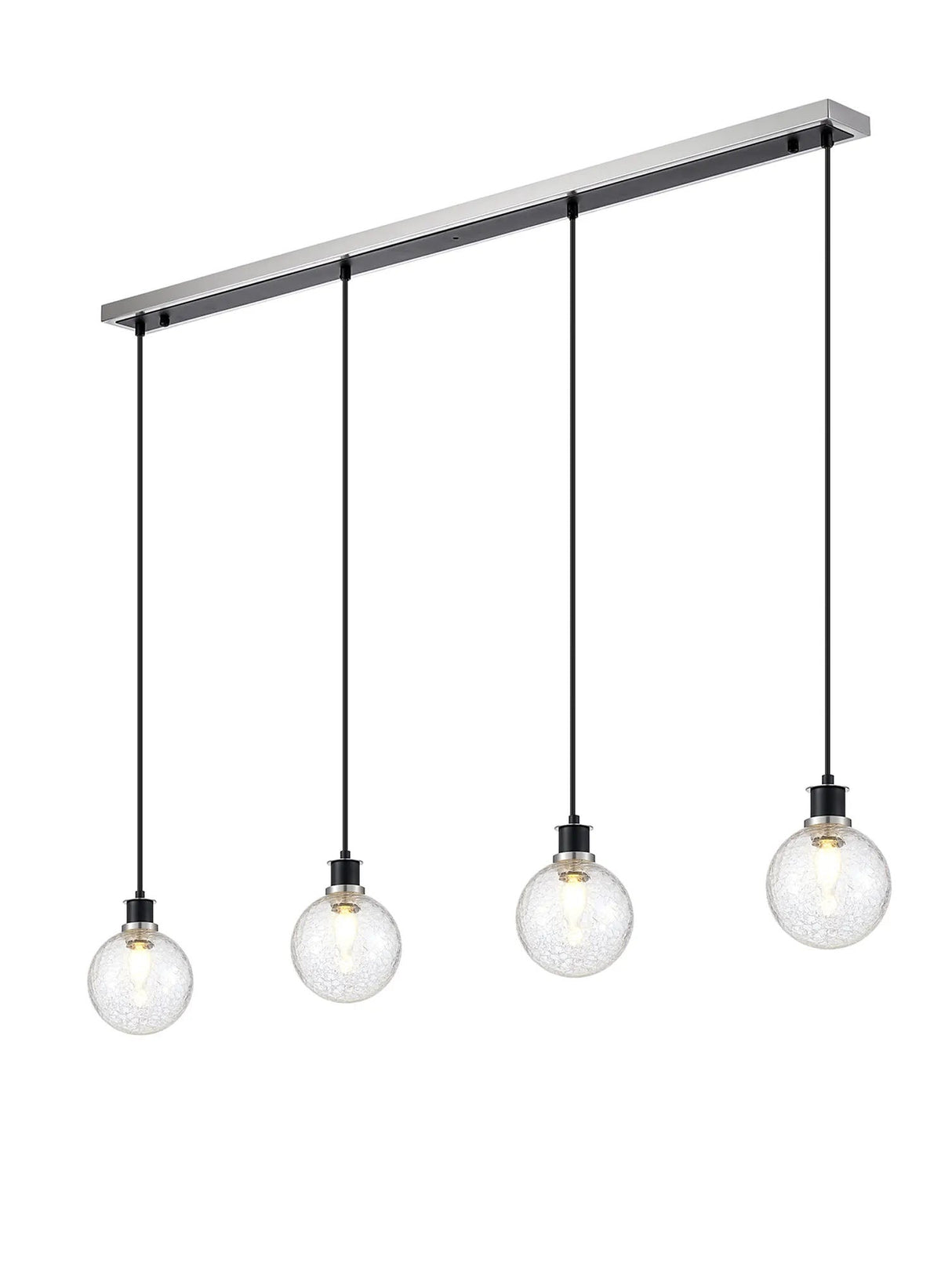 Stevens 1.3m Linear Pendant, 4 x E14 With 15cm Round Crackled Glass Shade, Satin Nickel, Clear & Satin Black