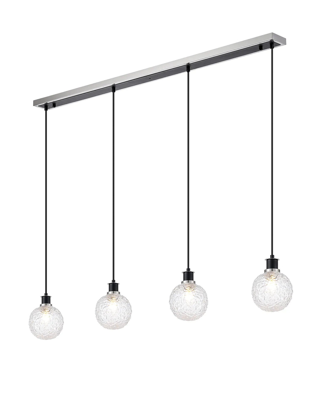 Stevens 1.3m Linear Pendant, 4 x E14 With 15cm Round Textured Crumple Glass Shade, Satin Nickel, Clear & Satin Black