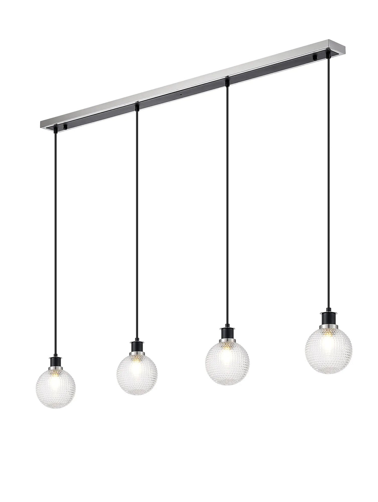 Stevens 1.3m Linear Pendant, 4 x E14 With 15cm Round Textured Diamond Pattern Glass Shade, Satin Nickel, Clear & Satin Black