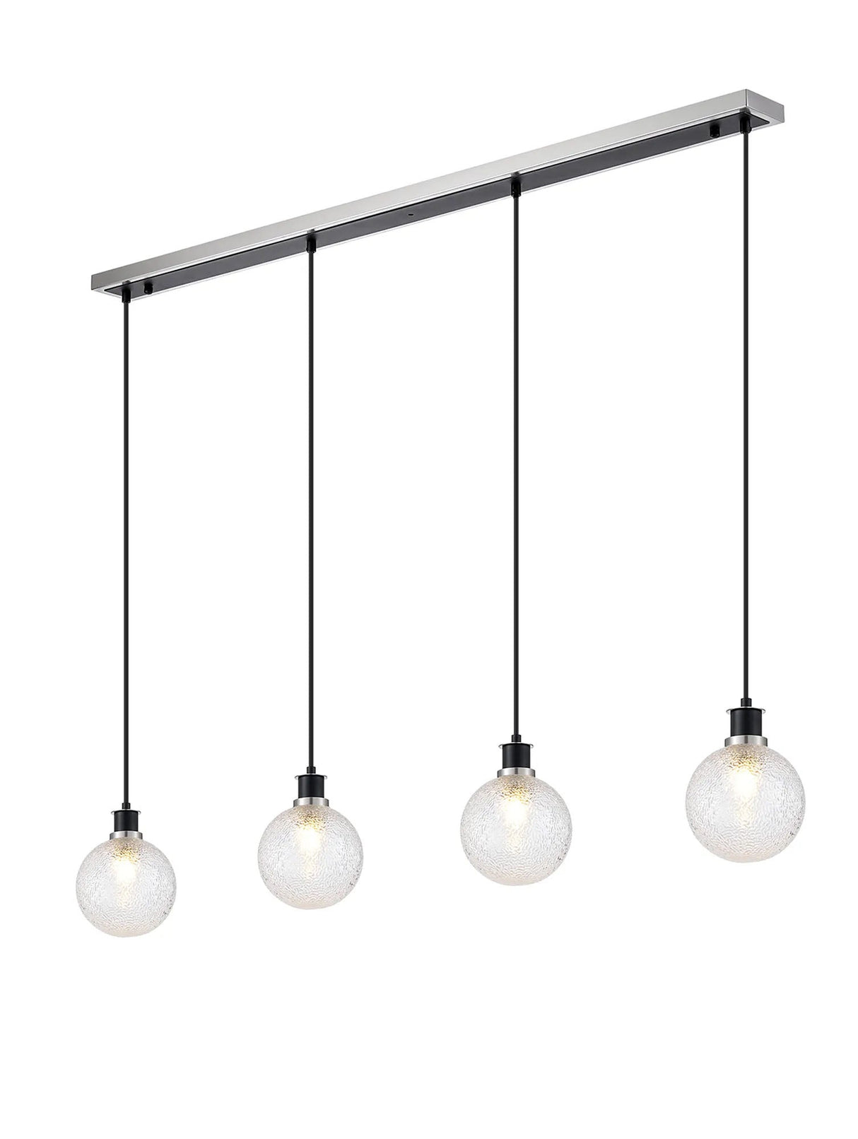 Stevens 1.3m Linear Pendant, 4 x E14 With 15cm Round Dimpled Glass Shade, Satin Nickel, Clear & Satin Black