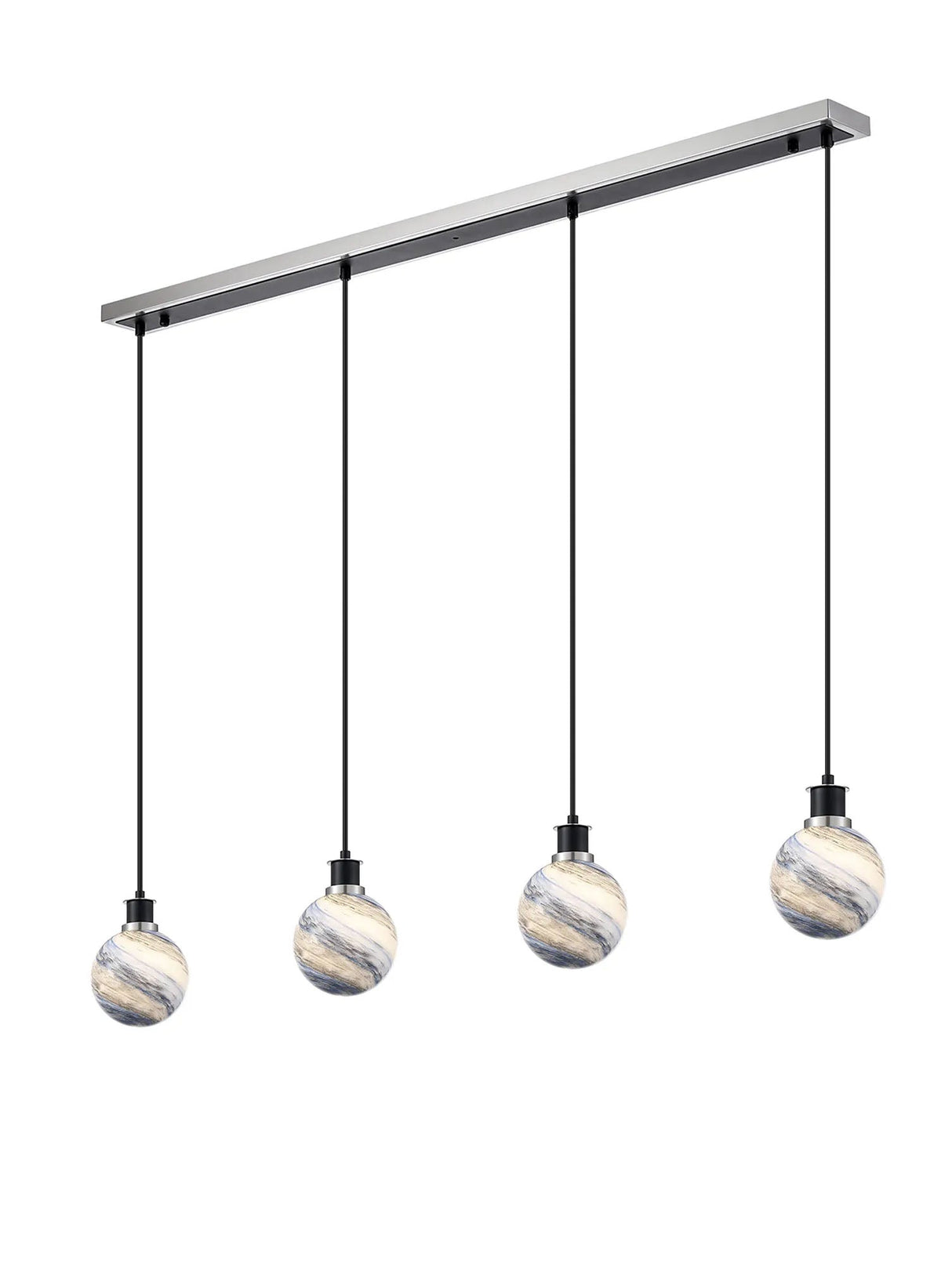 Stevens 1.3m Linear Pendant, 4 Light E14 With 15cm Round Dark Blue Marble Effect Glass Shade, Satin Nickel & Satin Black Framework