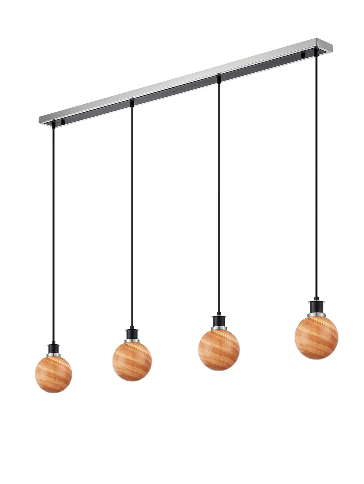 Stevens 1.3m Linear Pendant, 4 Light E14 With 15cm Round Dark Pink Marble Effect Glass Shade, Satin Nickel & Satin Black Framework