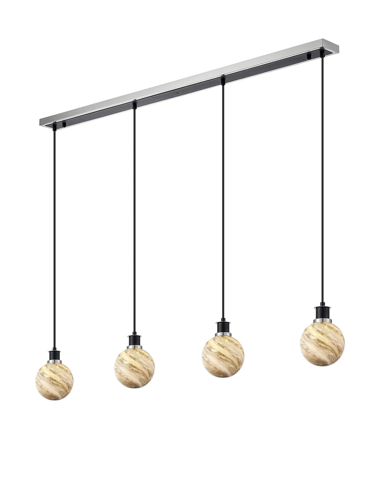 Stevens 1.3m Linear Pendant, 4 Light E14 With 15cm Round Light Grey Marble Effect Glass Shade, Satin Nickel & Satin Black Framework