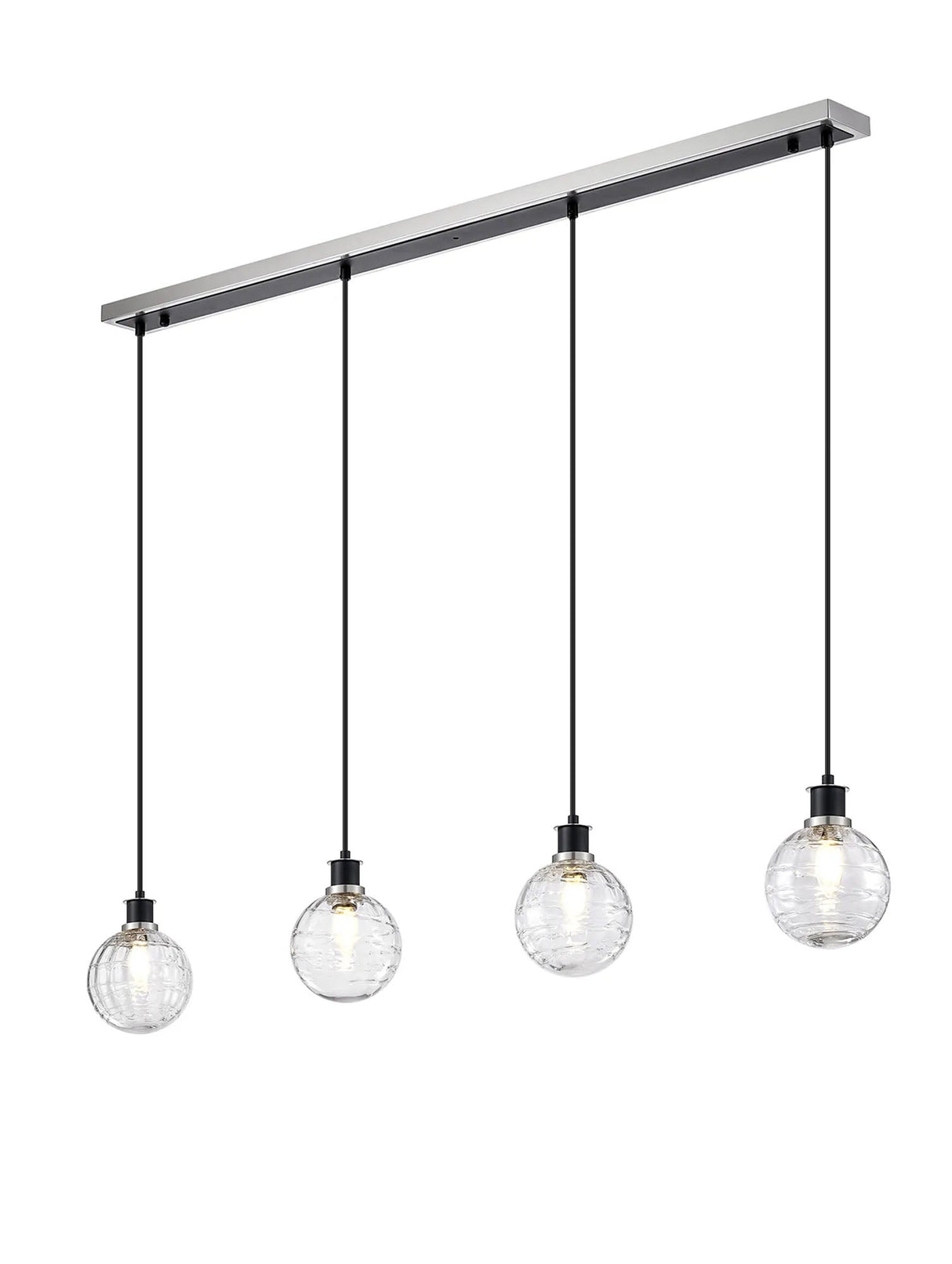 Stevens 1.3m Linear Pendant, 4 x E14 With 15cm Round Textured Melting Glass Shade, Satin Nickel, Clear & Satin Black