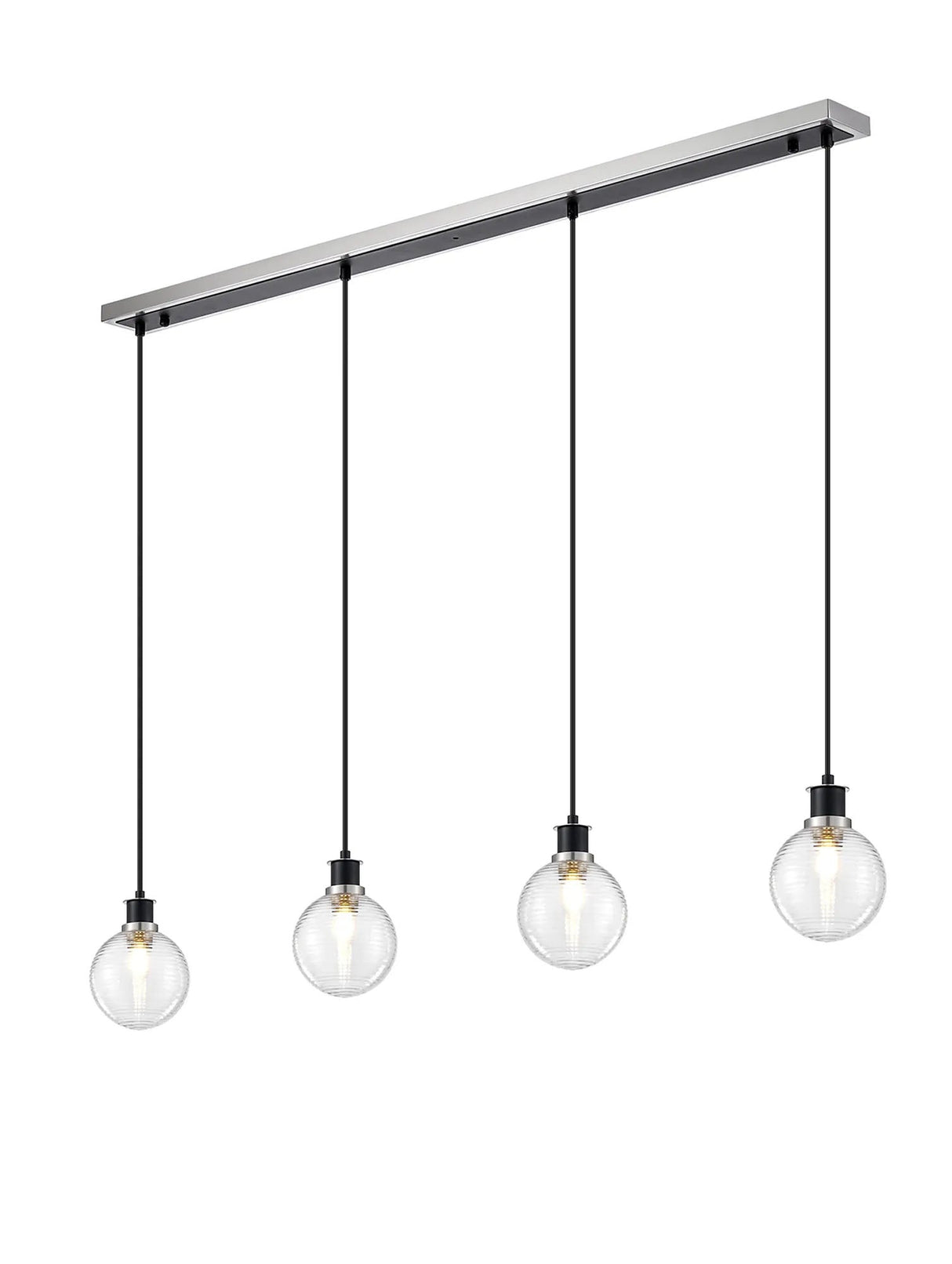 Stevens 1.3m Linear Pendant, 4 x E14 With 15cm Round Ribbed Glass Shade, Satin Nickel, Clear & Satin Black